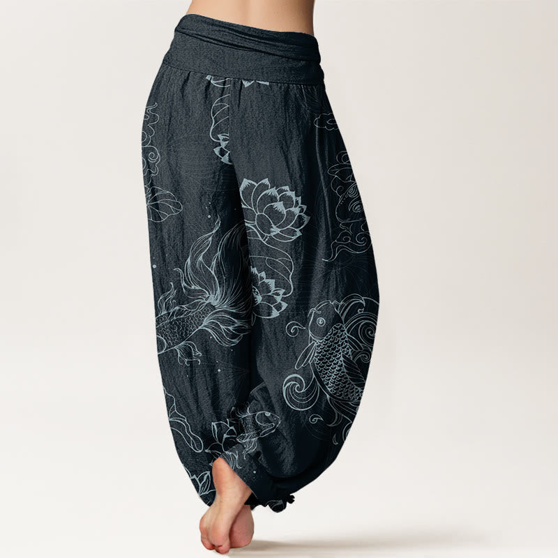 Koi Fish Auspicious Clouds Lotus Flowers Design Women's Elastic Waist Harem Pants
