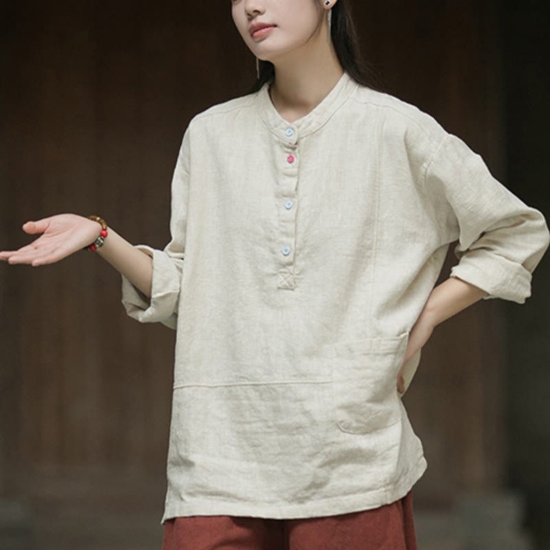 Solid Color Long Sleeve Ramie Linen Half Button Women's Shirt