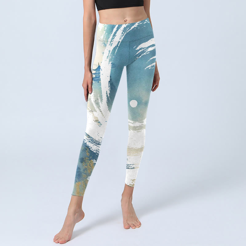 Blue White Beige Wave Graffiti Print Sports Fitness Leggings Women's Yoga Pants