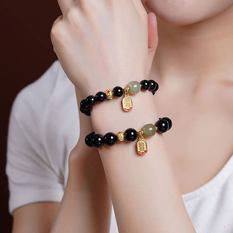 Black Onyx Hetian Jade Bead Lucky Fortune Charm Bracelet