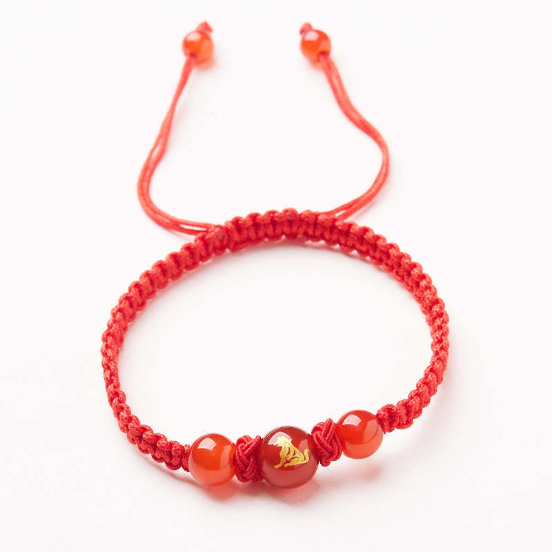 Natural Red Agate Chinese Zodiac Red String Braided Protection Luck Bracelet