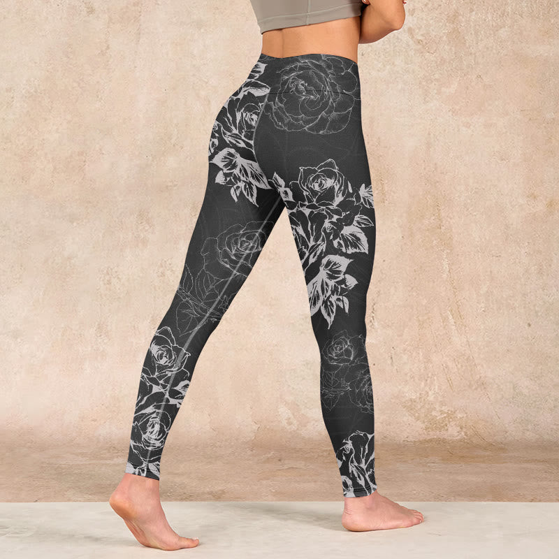 Gray Peony Rose Flower Sketch Print Gym Fitness Leggings Women's Yoga Pants