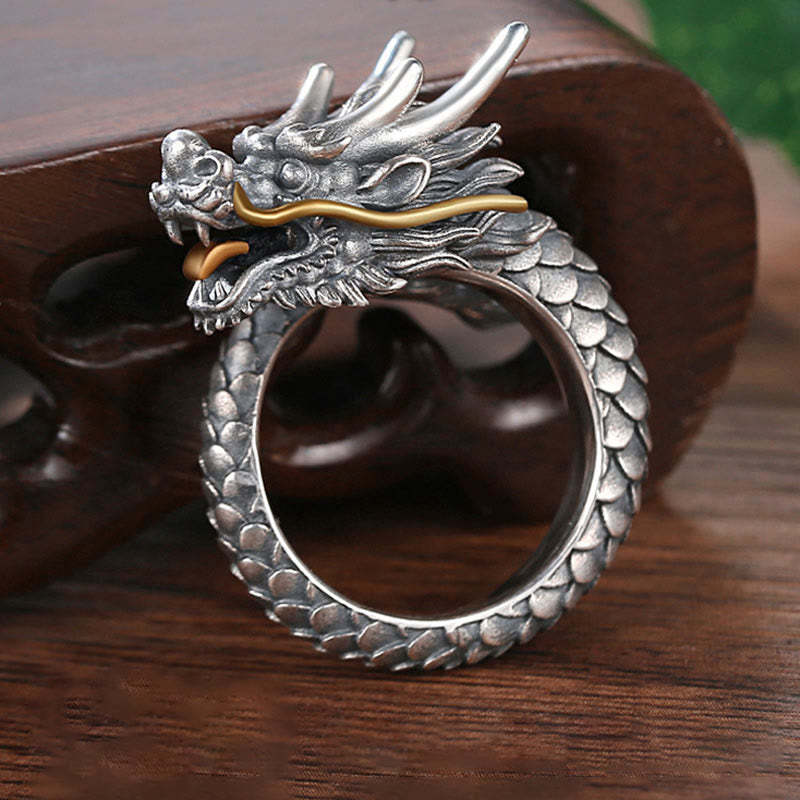 925 Sterling Silver Vintage Dragon Design Protection Strength Adjustable Ring