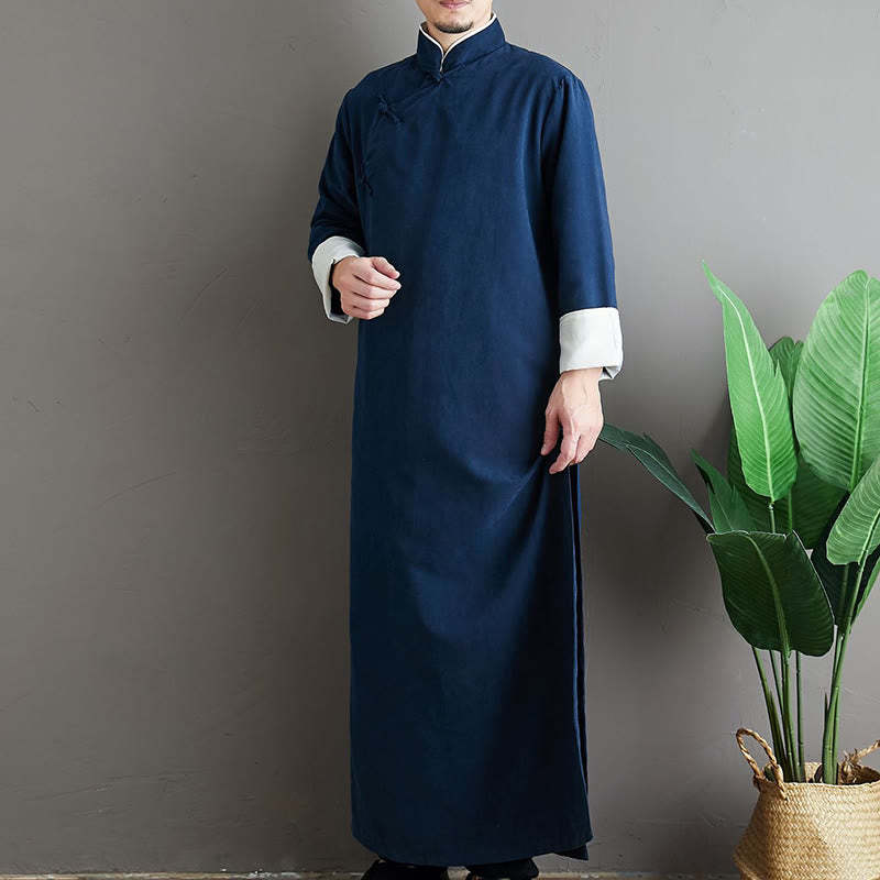 Fall Solid Color Chinese Frog-Button Cotton Men's Tang Suit Robe