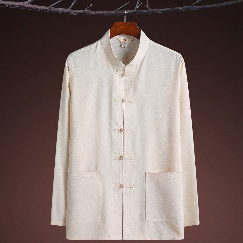 2Pcs Tang Suit Plain Color Frog-Button Men's Long Sleeve Shirt Pants Set