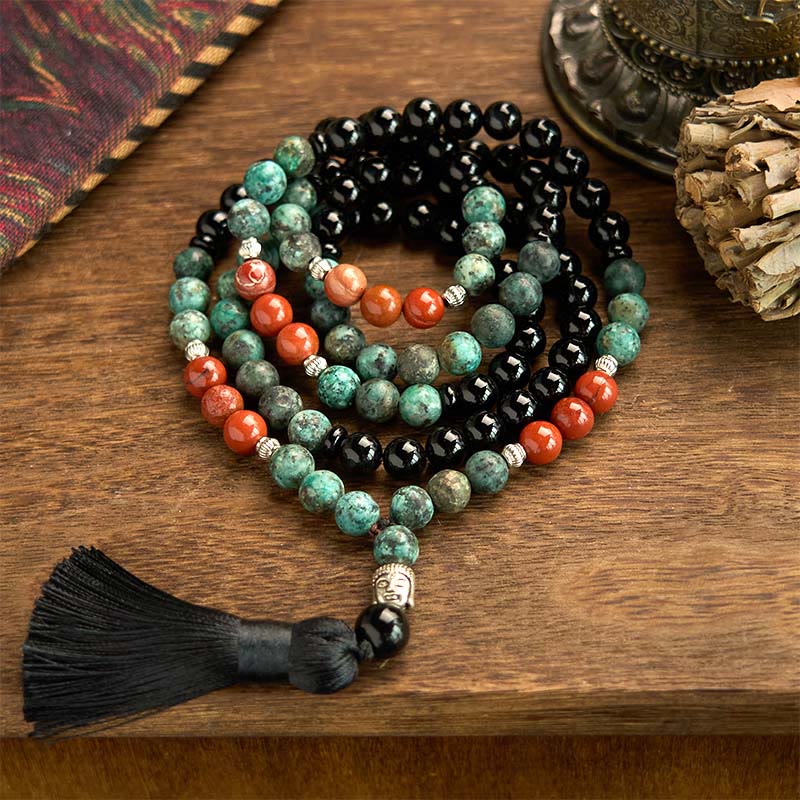 108 Mala Natural Black Onyx Red Jasper Turquoise Beads mystic zen Head Tassel Protection Bracelet