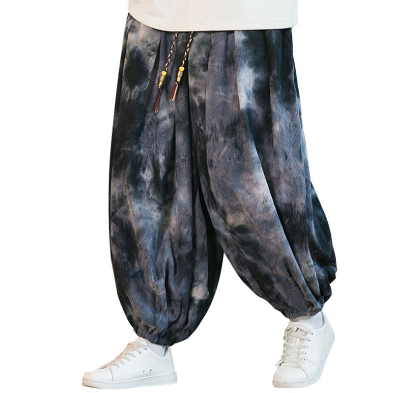 Ink Tie-dye Braided Drawstring Corduroy Cotton Men's Harem Pants With Pockets