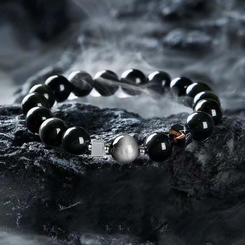 Black Obsidian Eagle's Eye Stone Gold Sheen Obsidian Tiger's Eye Strength Bracelet