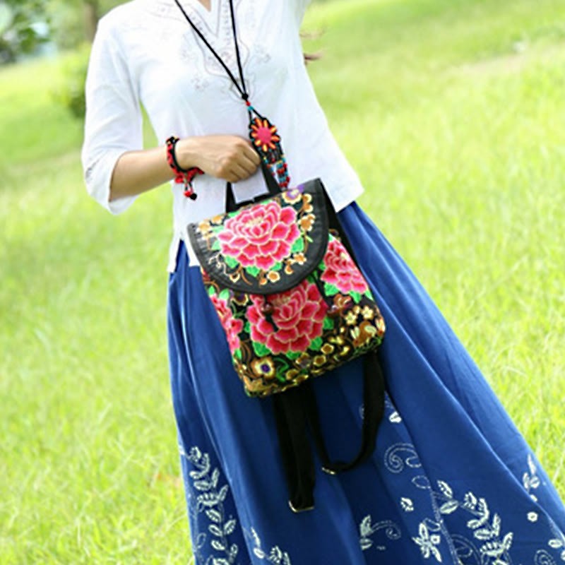 Peony Chinese Money Tree Embroidery Canvas Backpack