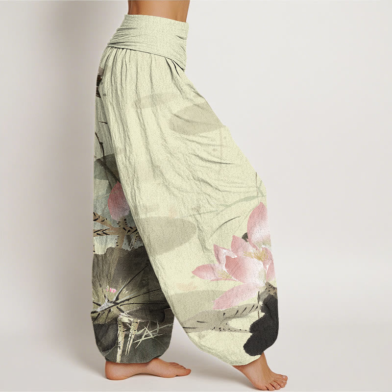 Pink Lotus Leaves Bird Pattern Women's Elastic Waist Harem Pants