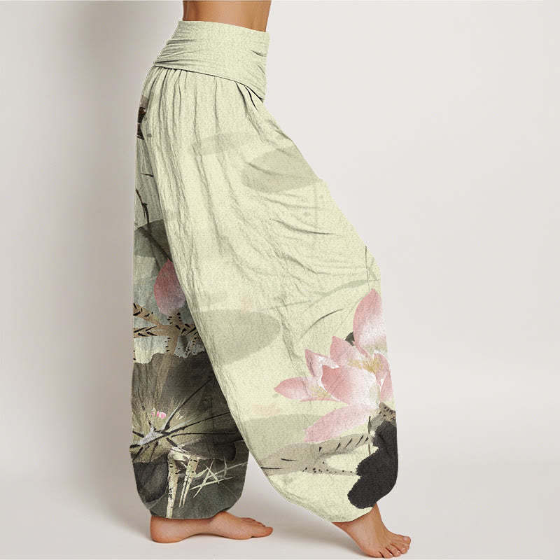 Pink Lotus Leaves Bird Pattern Women's Elastic Waist Harem Pants