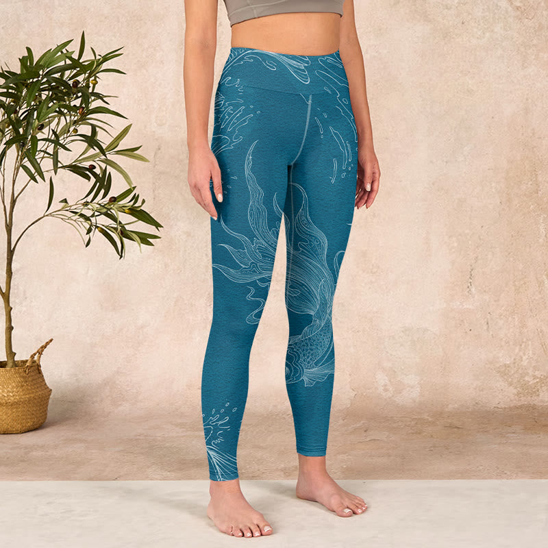 Blue Koi Fish Flowing Waves Print Gym Leggings Women's Yoga Pants