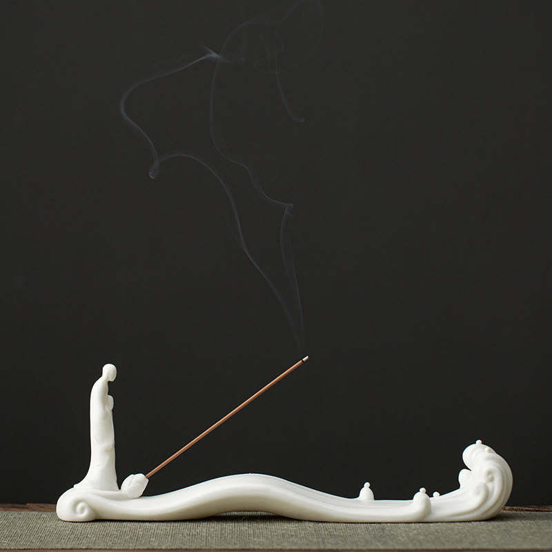 mystic zen Monk Ceramic Sea Wave Mountain Blessing Incense Burner Decoration