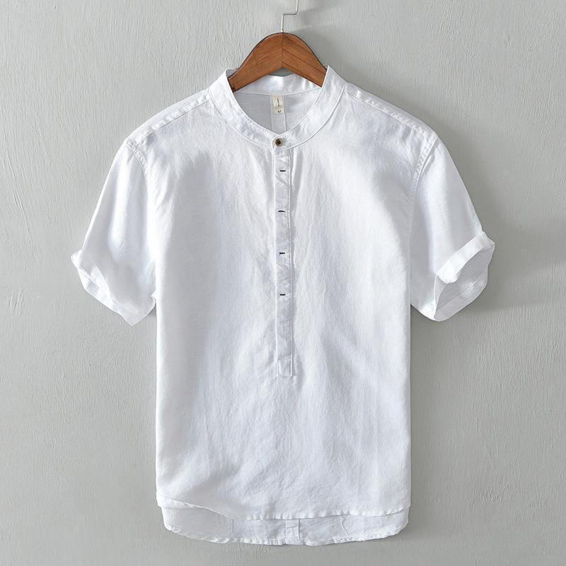 Causal Simple Design Short Sleeve Cotton Linen Half Button Men's Shirt