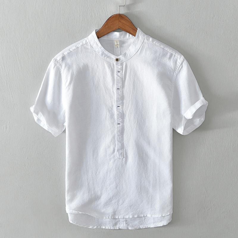 Causal Simple Design Short Sleeve Cotton Linen Half Button Men's Shirt
