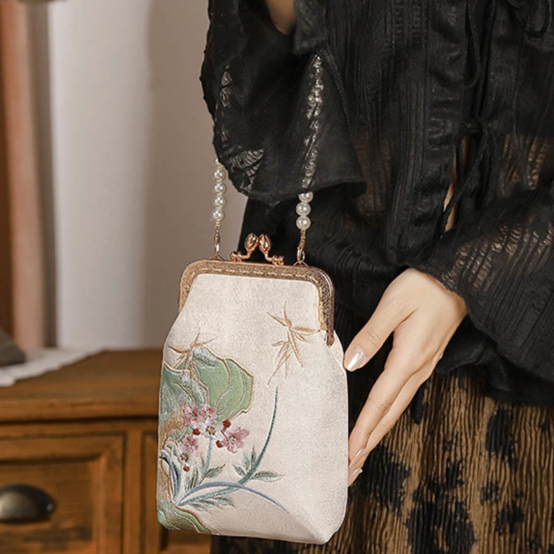 Mountain Stone Orchid Pattern Pearl Chain Crossbody Bag Handbag