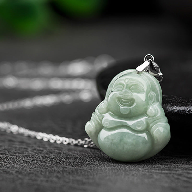925 Sterling Silver Laughing mystic zen Jade Blessing Necklace Chain Pendant