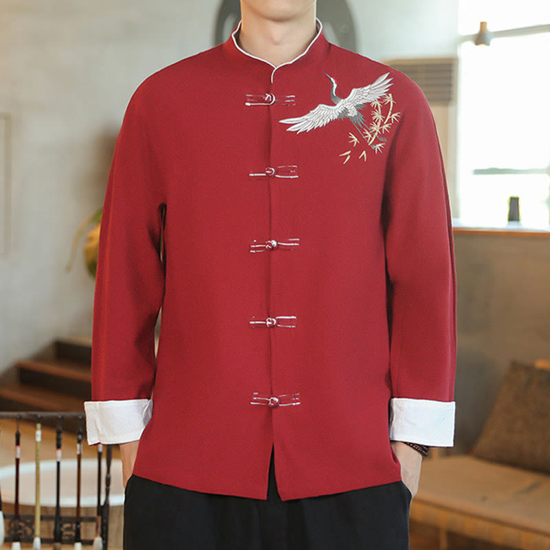 Chinese New Year Flying Crane Embroidery Frog-button Tang Suit Cotton Men's Jacket Shirt