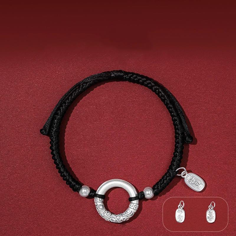 925 Sterling Silver Black Onyx Peace Buckle Fu Character Charm Bracelet