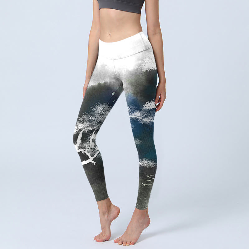 Ink Painting Pine Tree Print Gym Leggings Women's Yoga Pants