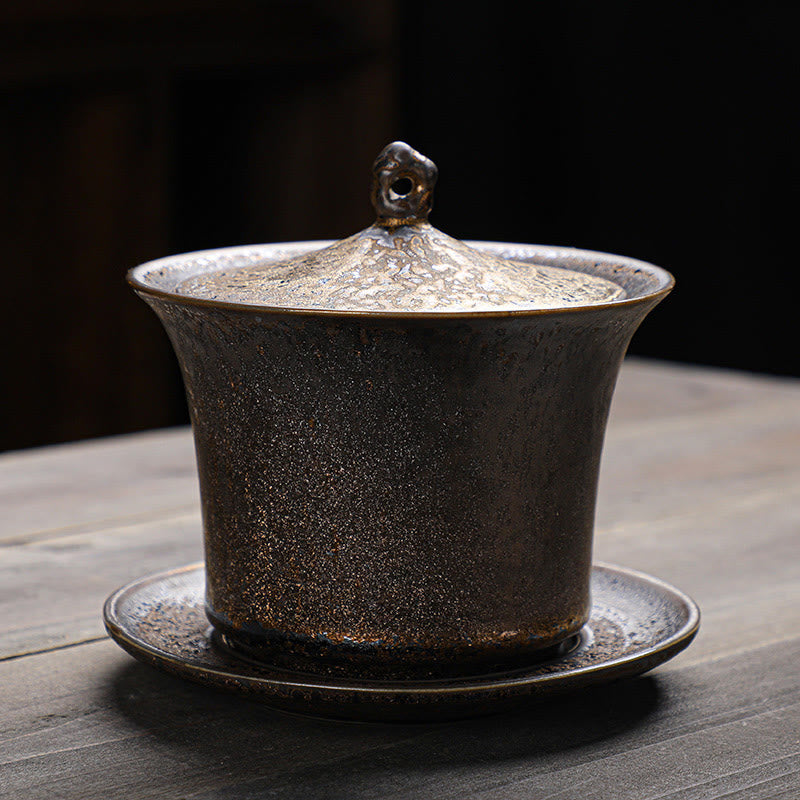 Retro Rust Glaze Ceramic Gaiwan Sancai Teacup Kung Fu Tea Cup And Saucer With Lid