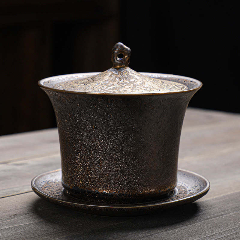 Retro Rust Glaze Ceramic Gaiwan Sancai Teacup Kung Fu Tea Cup And Saucer With Lid