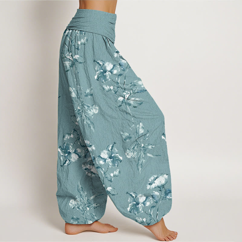 Rose Flowers Pattern Women's Elastic Waist Harem Pants