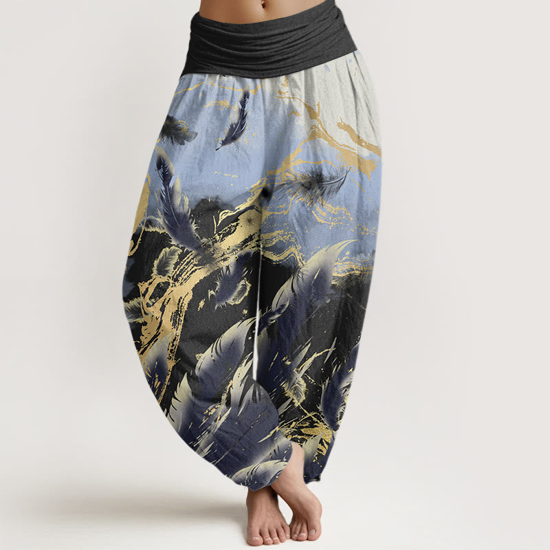 Casual Floating Feathers Sky Pattern Women's Elastic Waist Harem Pants