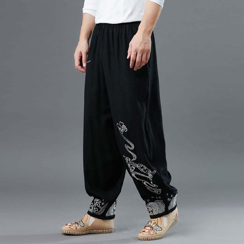Clouds Elastic Waist Ethnic Cotton Men's Pants With Pockets