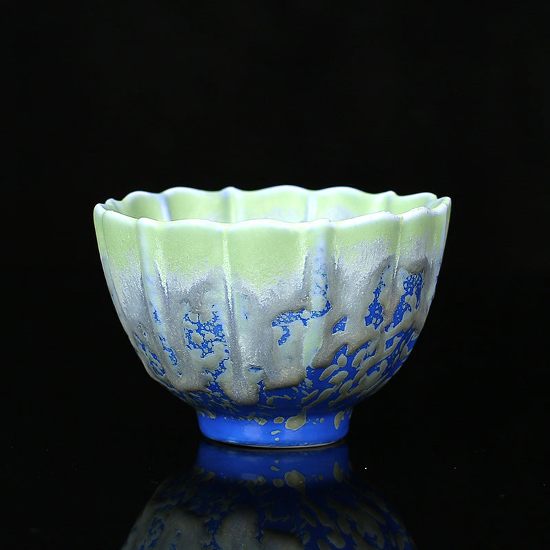 Retro Blue Red Gradient Lotus Pattern Kiln Change Ceramic Teacup Kung Fu Tea Cup Bowl
