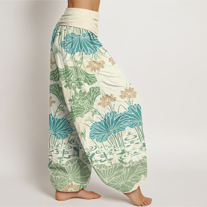 Lotus Leaves Flowers Design Women's Elastic Waist Harem Pants