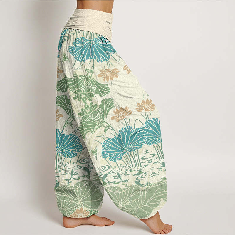 Lotus Leaves Flowers Design Women's Elastic Waist Harem Pants