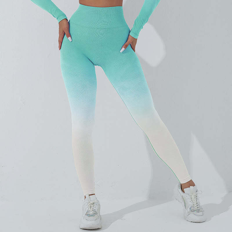 Gradient Long Sleeve Crop Top Tee Bra Leggings Pants Fitness Yoga Outfit