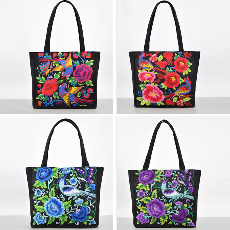 Galsang Magpie Peony Camellia Chrysanthemum Embroidery Canvas Shopping Purse Handbag Shoulder Bag
