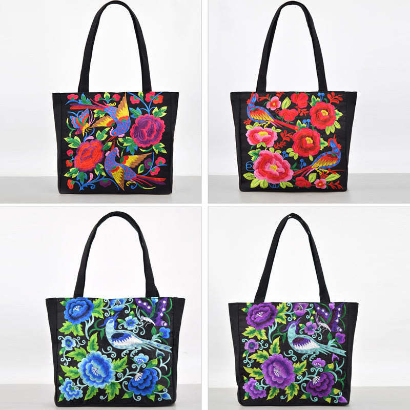 Galsang Magpie Peony Camellia Chrysanthemum Embroidery Canvas Shopping Purse Handbag Shoulder Bag