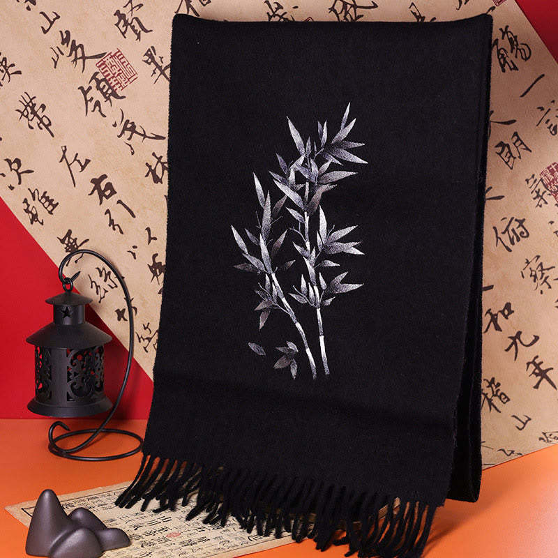 Wool Shawl Bamboo Leaf Embroidery Tassel Winter Cozy Travel Scarf Wrap
