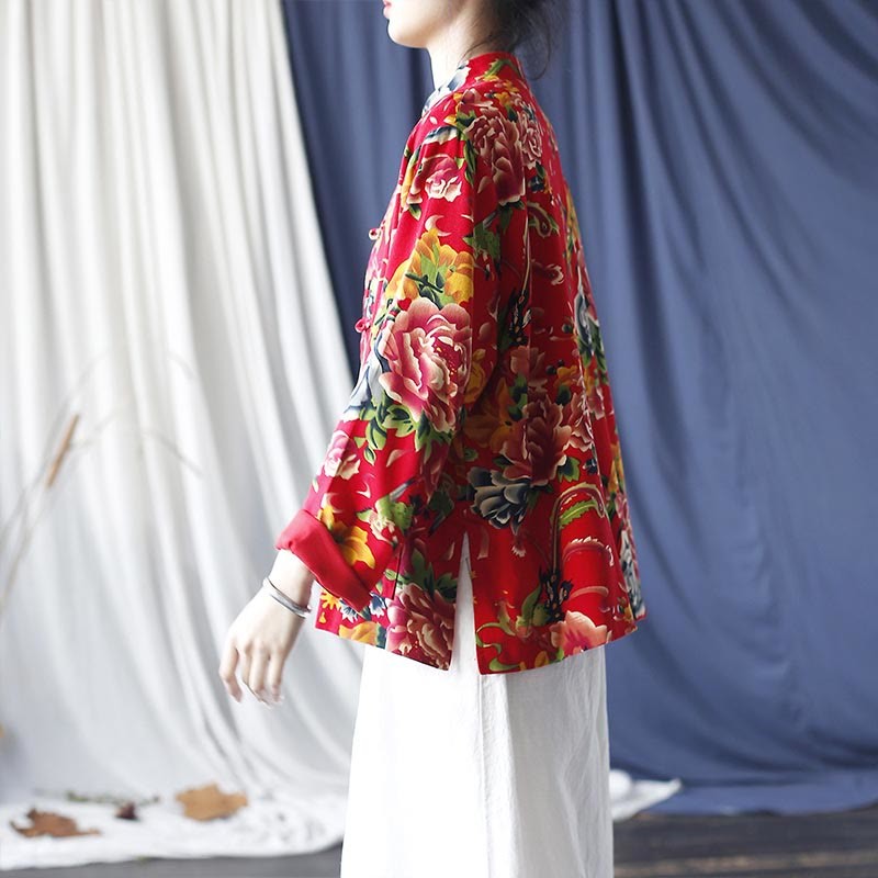 Ethnic Red Flower Peony Frog-Button Cotton Linen Long Sleeve Shirt Jacket With Pockets