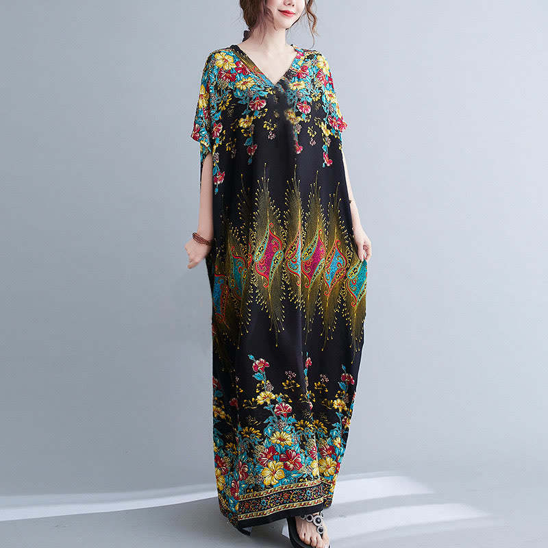 Casual Loose Printing Flower Pattern V-Neck Half Sleeve Design Polyester Midi Dress With Pockets