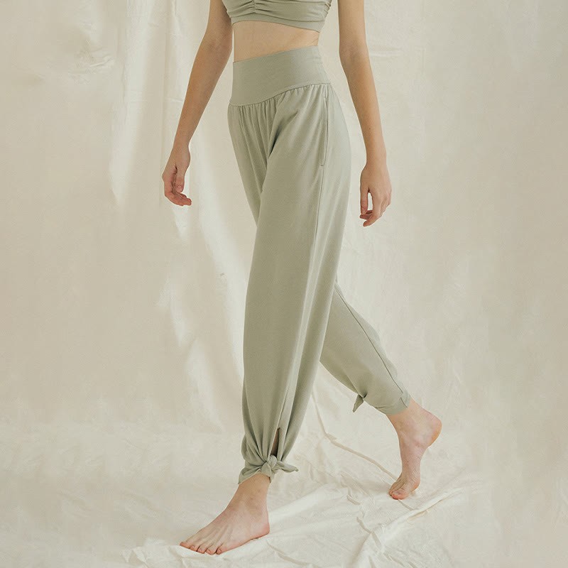 Casual Loose Tie-down Hem Plain High Waist Women's Leica Pants With Pockets