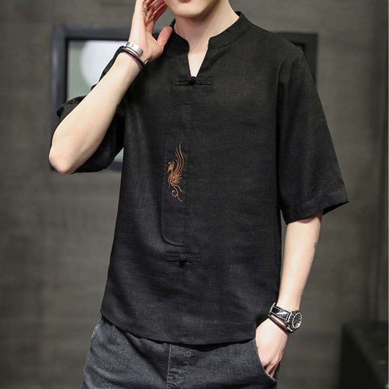 Frog-Button Phoenix Embroidery Chinese Tang Suit Short Sleeve Shirt Cotton Linen Men Clothing