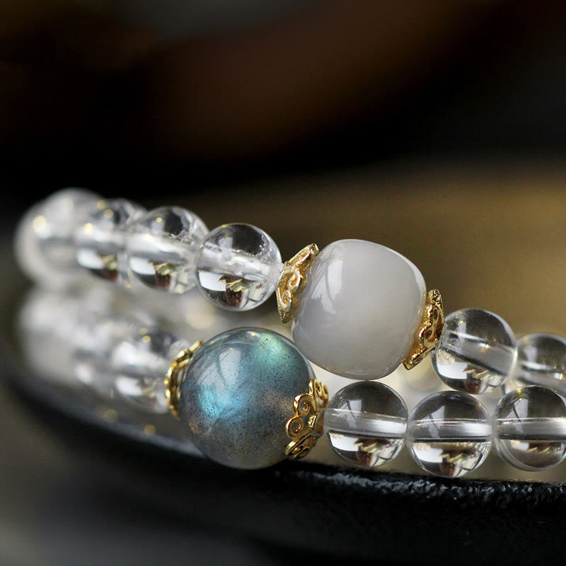 925 Sterling Silver Chinese Zodiac Natal mystic zen White Crystal Meditation Triple Wrap Bracelet
