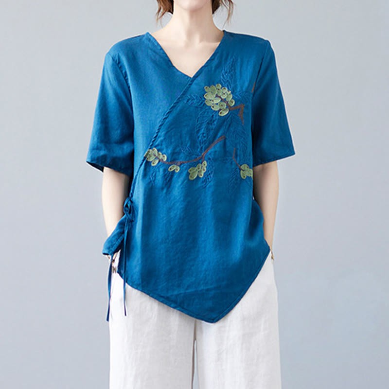 Summer Casual Ethnic Embroidery Flower Lace-up Short Sleeve V-neck Cotton Linen Women's T-Shirt