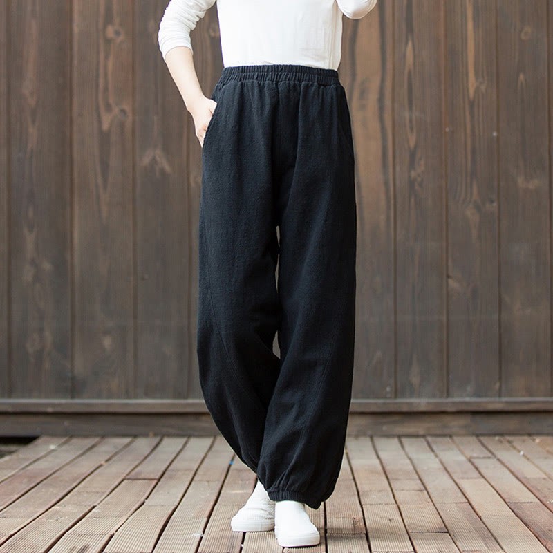 Casual Solid Plain Color Carrot Elastic Waistband Cotton Ramie Women's Pants With Pockets