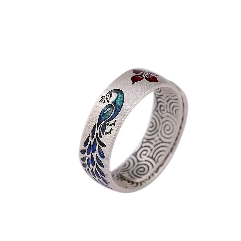999 Sterling Silver Peacock Auspicious Clouds Engraved Lotus Flower Fortune Ring