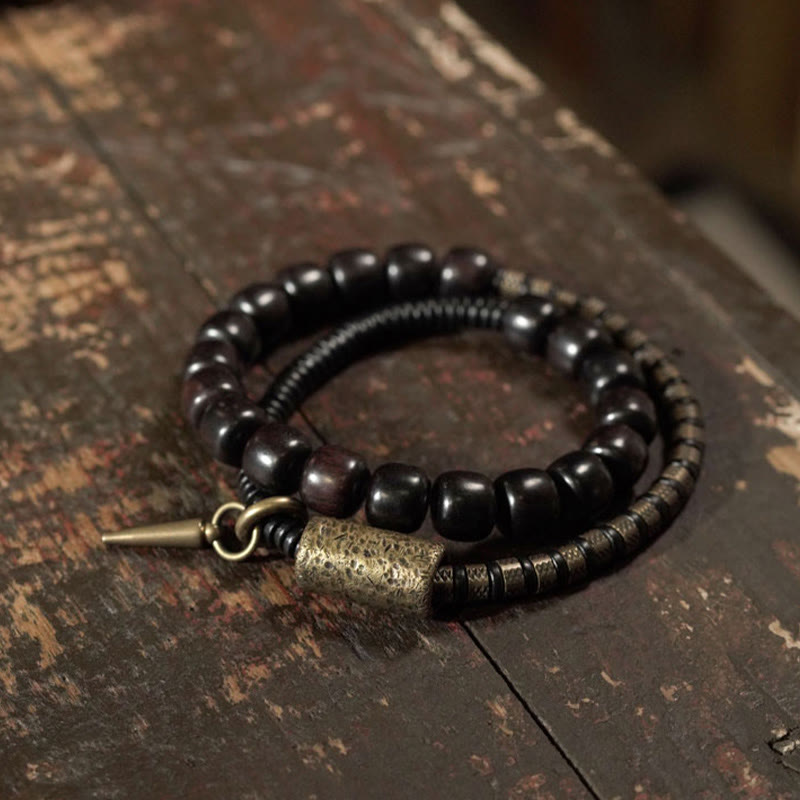 Ebony Wood Copper Brass Vintage Bead Cone Double Wrap Balance Bracelet