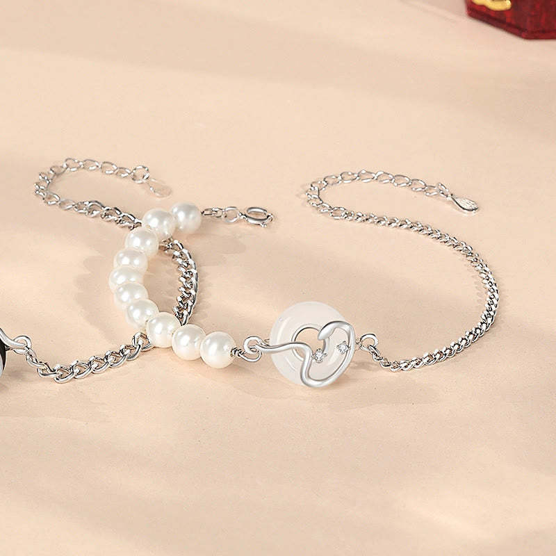 Black Obsidian Black Onyx Chalcedony Peace Buckle 925 Sterling Silver Year Of The Snake Pearl Purification Couple's Bracelet