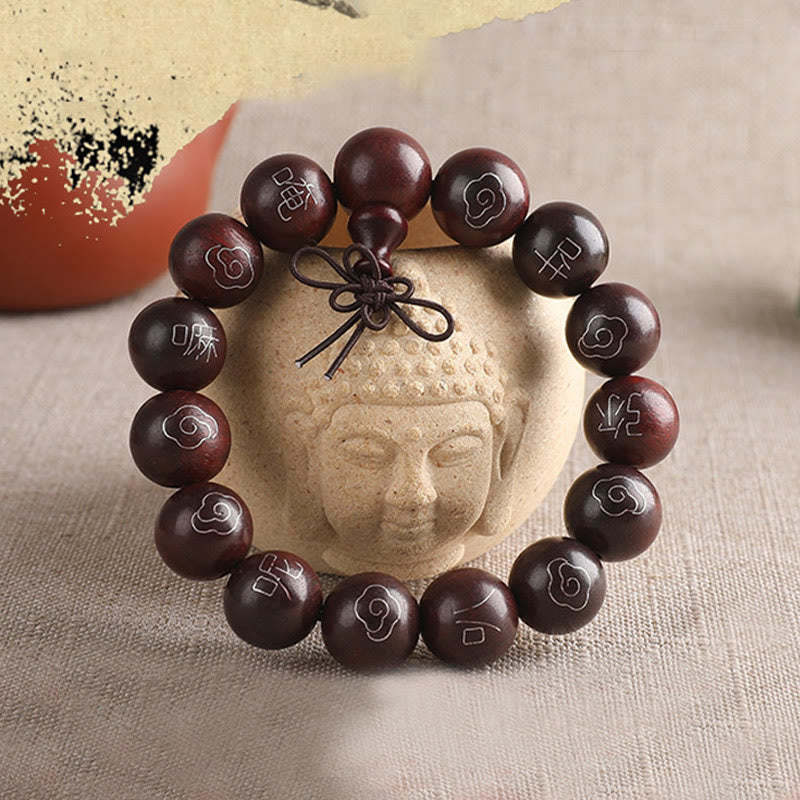 925 Sterling Silver Inlaid Small Leaf Red Sandalwood Om Mani Padme Hum Character Auspicious Clouds Protection Bracelet