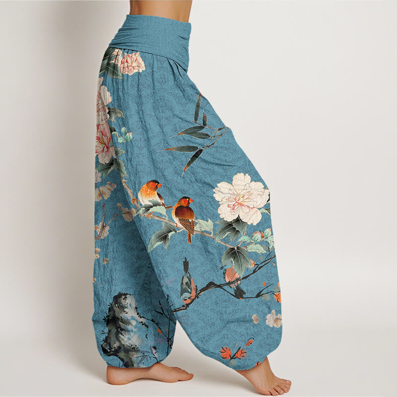 Warbler Bird Blooming Flower Branches Mandala Pattern Women's Elastic Waist Harem Pants