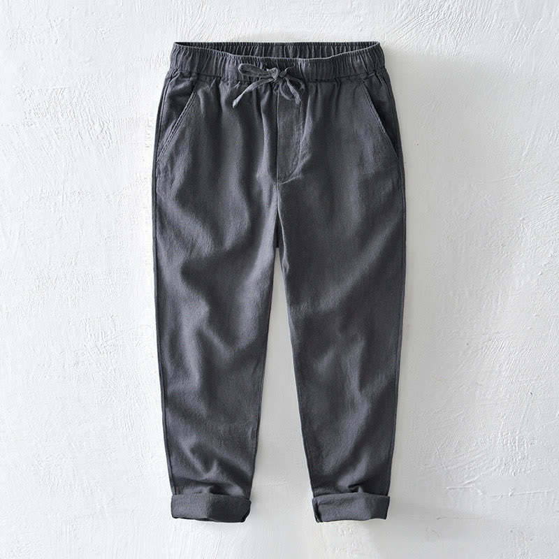 Casual Solid Color Simple Design Drawstring Ramie Linen Men's Pants With Pockets
