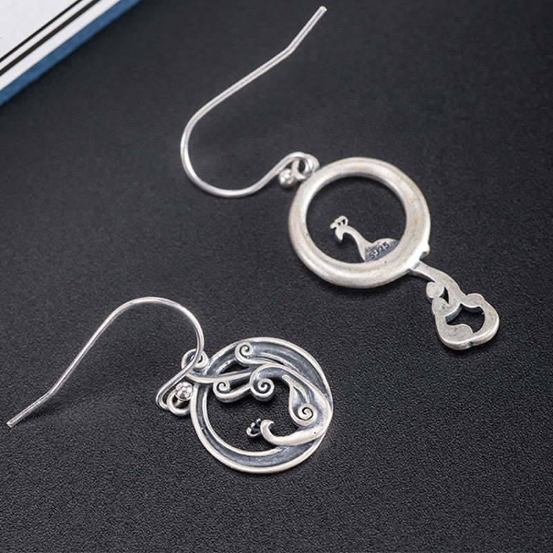 925 Sterling Silver Round Asymmetry Peacock Fortune Earrings